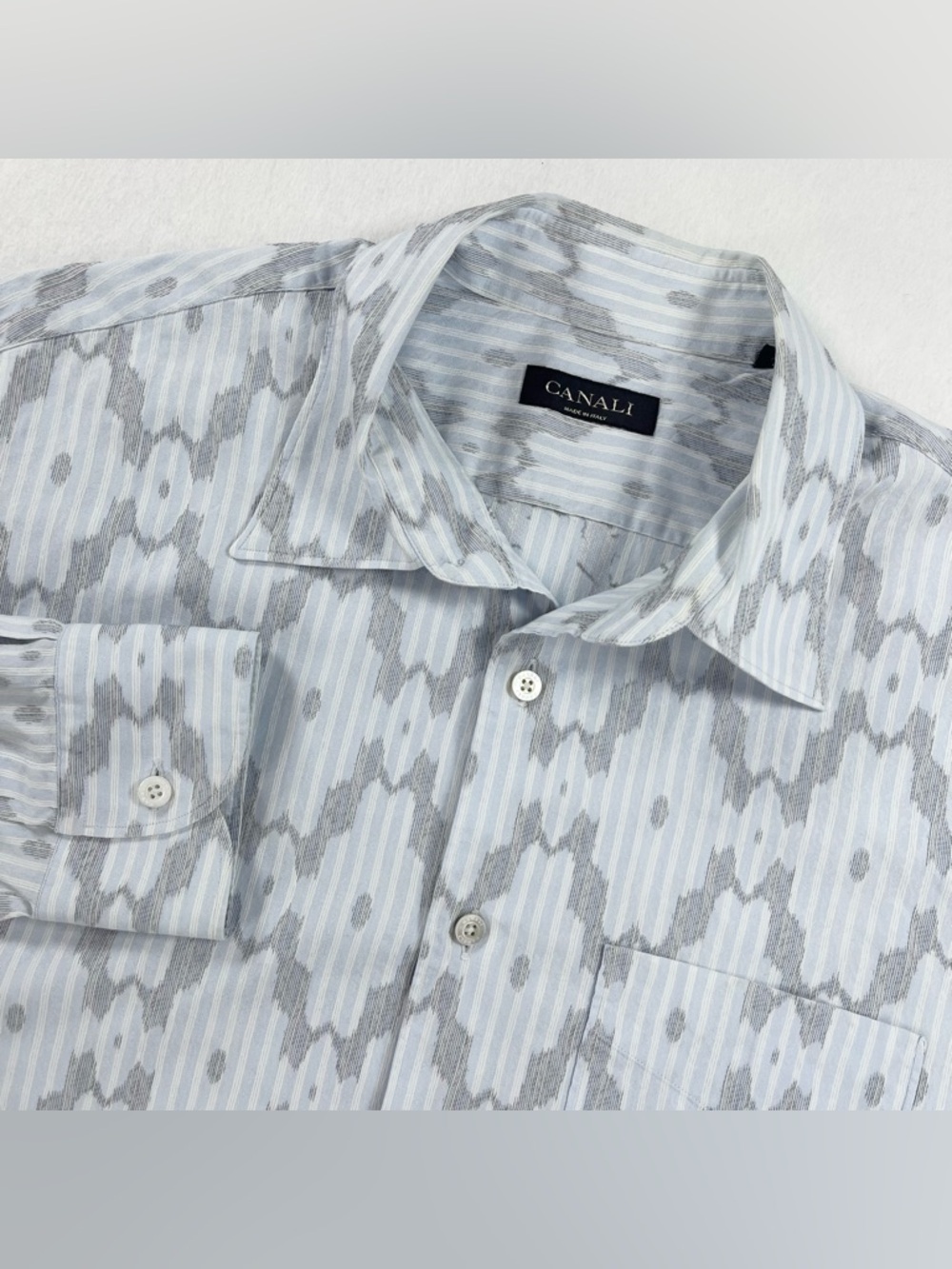 Canali Shirt Mens XL White Geometric Woven Luxury Made In Italy Button Down